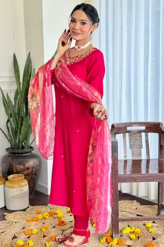  Viscose Embroidery work Straight Kurta with Pant and Dupatta Set