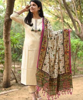 Off White Embroidered Cotton Flex Kurta and Pant Set with Chanderi Dupatta 1