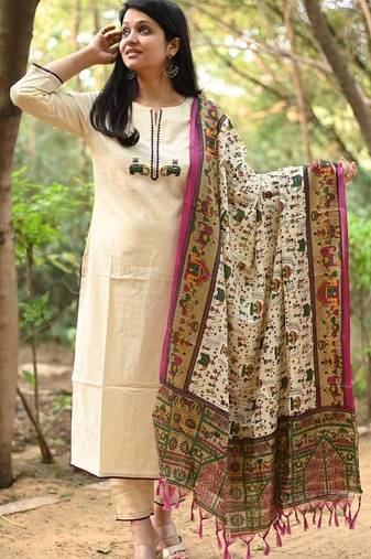 Off White Embroidered Cotton Flex Kurta and Pant Set with Chanderi Dupatta