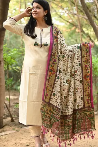 Off White Embroidered Cotton Flex Kurta and Pant Set with Chanderi Dupatta