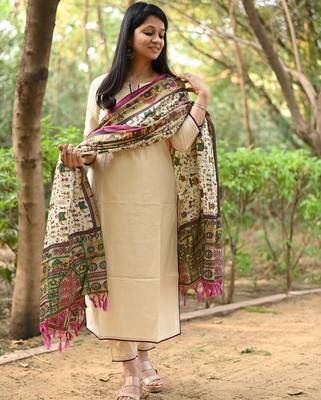 Off White Embroidered Cotton Flex Kurta and Pant Set with Chanderi Dupatta 2