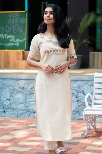 Off White Embroidered Cotton Kurta and Pant Set
