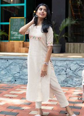 Off White Embroidered Cotton Kurta and Pant Set 2