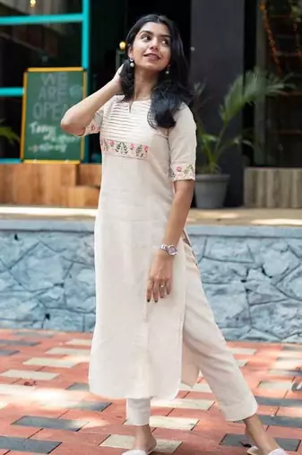 Off White Embroidered Cotton Kurta and Pant Set