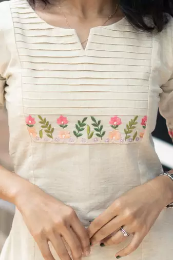 Off White Embroidered Cotton Kurta and Pant Set