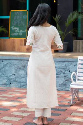 Off White Embroidered Cotton Kurta and Pant Set 5