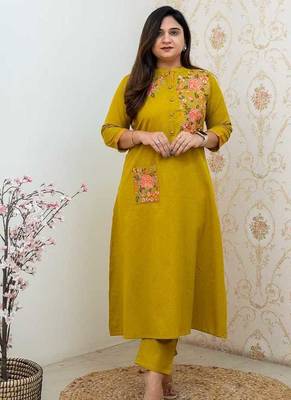 Mustard Yellow Embroidered Cotton Kurta and Pant Set 1