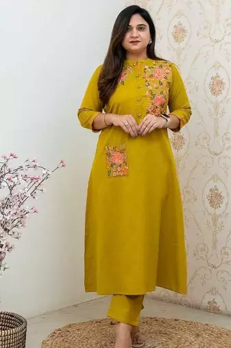 Mustard Yellow Embroidered Cotton Kurta and Pant Set