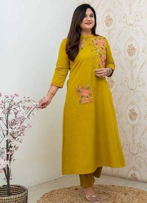 Mustard Yellow Embroidered Cotton Kurta and Pant Set 2