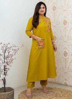 Mustard Yellow Embroidered Cotton Kurta and Pant Set 3