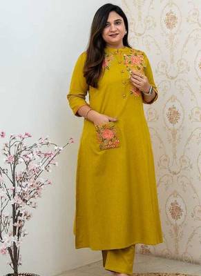 Mustard Yellow Embroidered Cotton Kurta and Pant Set 4