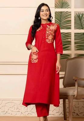 Red Embroidered Cotton Kurta and Pant Set 1