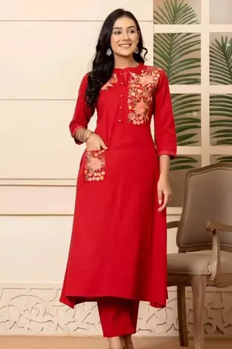 Red Embroidered Cotton Kurta and Pant Set