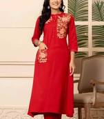Red Embroidered Cotton Kurta and Pant Set