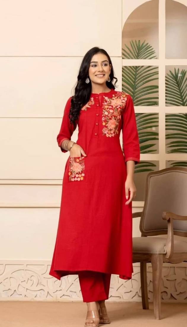 Red Embroidered Cotton Kurta and Pant Set