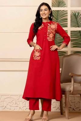 Red Embroidered Cotton Kurta and Pant Set 2
