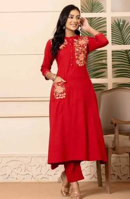Red Embroidered Cotton Kurta and Pant Set 3