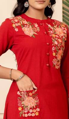 Red Embroidered Cotton Kurta and Pant Set 4