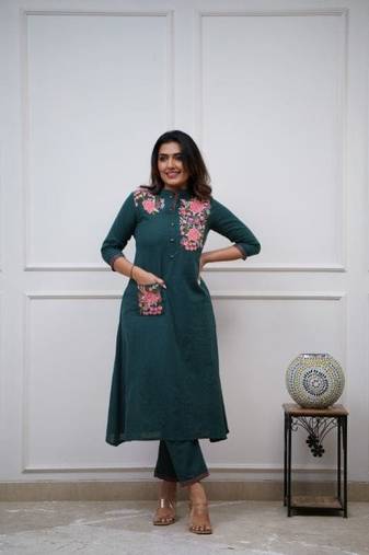 Green Embroidered Cotton Kurta and Pant Set