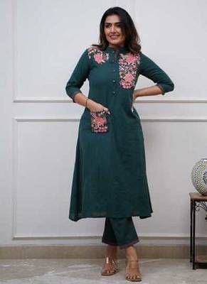 Green Embroidered Cotton Kurta and Pant Set 1