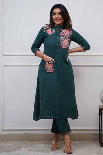 Green Embroidered Cotton Kurta and Pant Set
