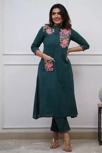 Green Embroidered Cotton Kurta and Pant Set