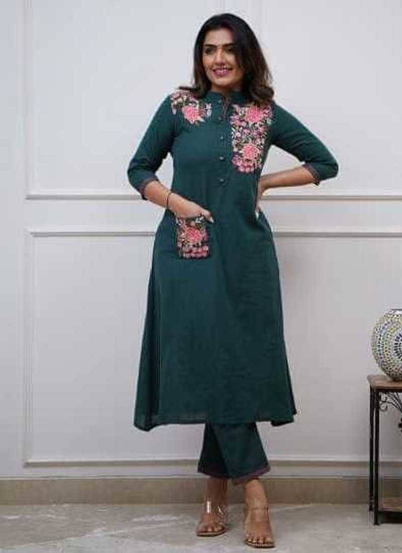 Green Embroidered Cotton Kurta and Pant Set