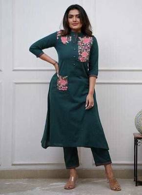 Green Embroidered Cotton Kurta and Pant Set 2