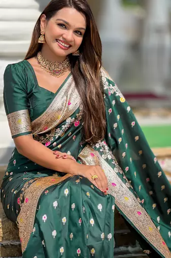 Green soft silk blend saree with zari weaving meenakari design