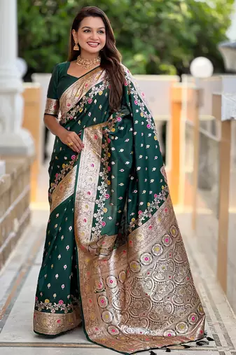 Green soft silk blend saree with zari weaving meenakari design