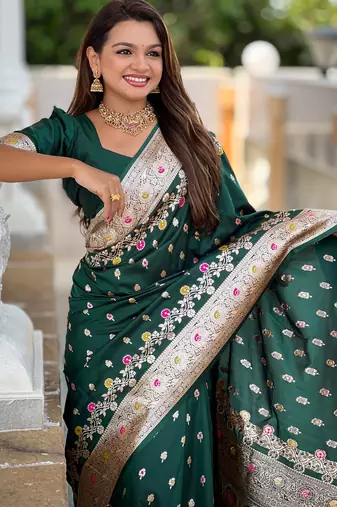 Green soft silk blend saree with zari weaving meenakari design