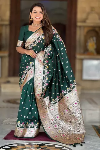Green soft silk blend saree with zari weaving meenakari design