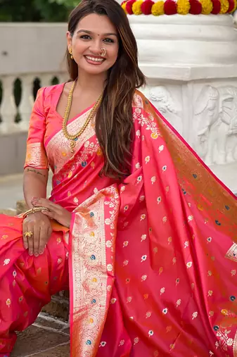 Pink soft silk blend saree with zari weaving meenakari design