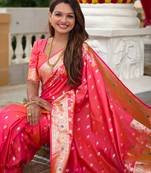 Pink soft silk blend saree with zari weaving meenakari design