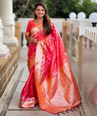 Pink soft silk blend saree with zari weaving meenakari design 2