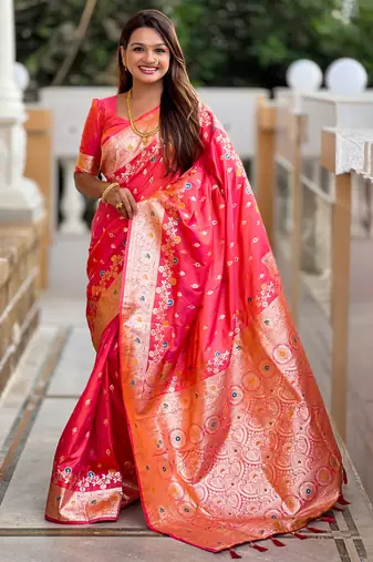 Pink soft silk blend saree with zari weaving meenakari design