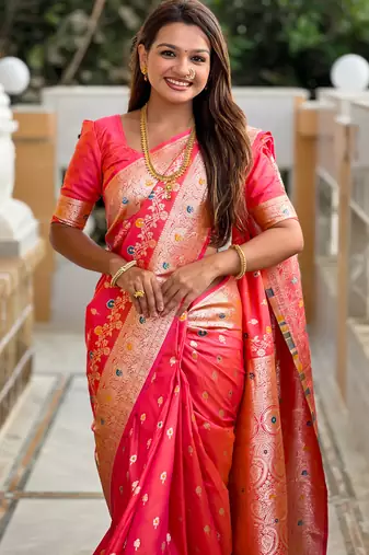 Pink soft silk blend saree with zari weaving meenakari design