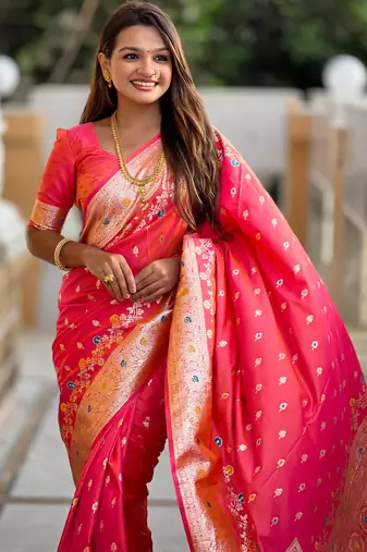 Pink soft silk blend saree with zari weaving meenakari design