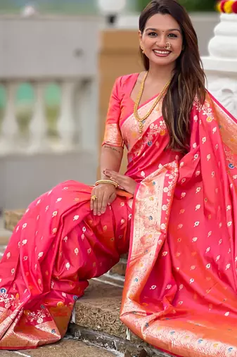 Pink soft silk blend saree with zari weaving meenakari design