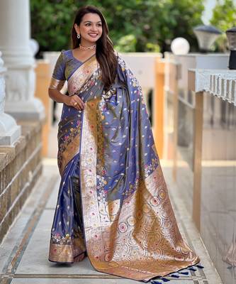 Grey soft silk blend saree with zari weaving meenakari design 1