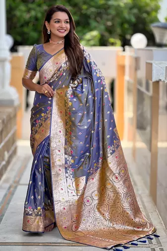 Grey soft silk blend saree with zari weaving meenakari design