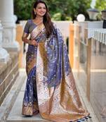 Grey soft silk blend saree with zari weaving meenakari design