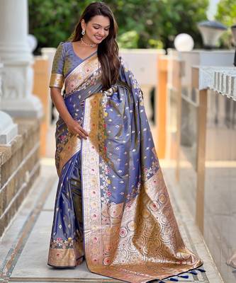 Grey soft silk blend saree with zari weaving meenakari design 2