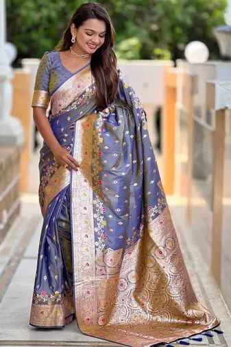 Grey soft silk blend saree with zari weaving meenakari design