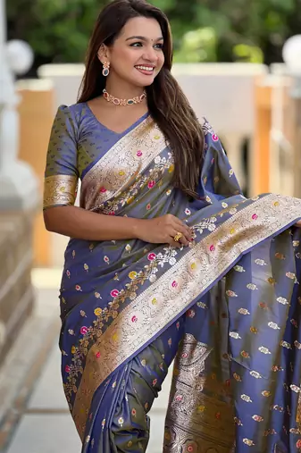 Grey soft silk blend saree with zari weaving meenakari design