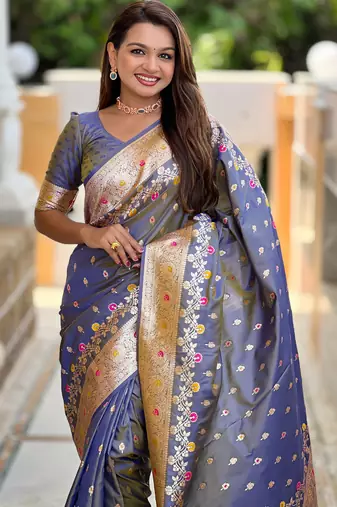 Grey soft silk blend saree with zari weaving meenakari design