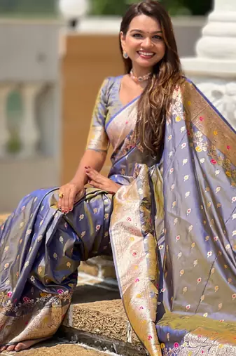 Grey soft silk blend saree with zari weaving meenakari design