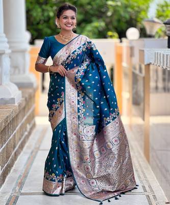 Teal blue soft silk blend saree with zari weaving meenakari design 1