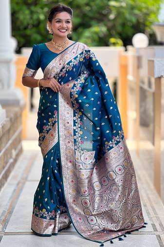 Teal blue soft silk blend saree with zari weaving meenakari design