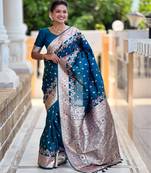 Teal blue soft silk blend saree with zari weaving meenakari design